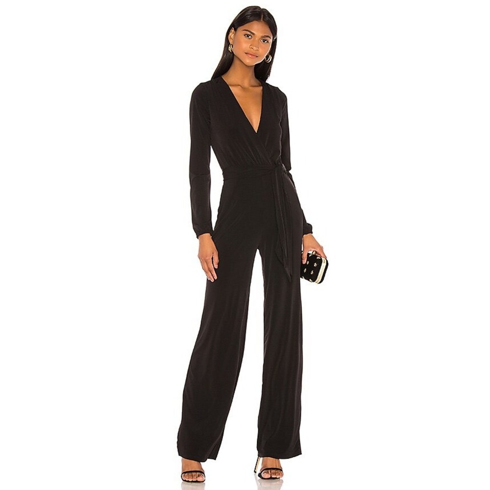 Lovers and Friends Women Black Ribbed Long Sleeve V-Neck Wide Leg Jumpsuit XS